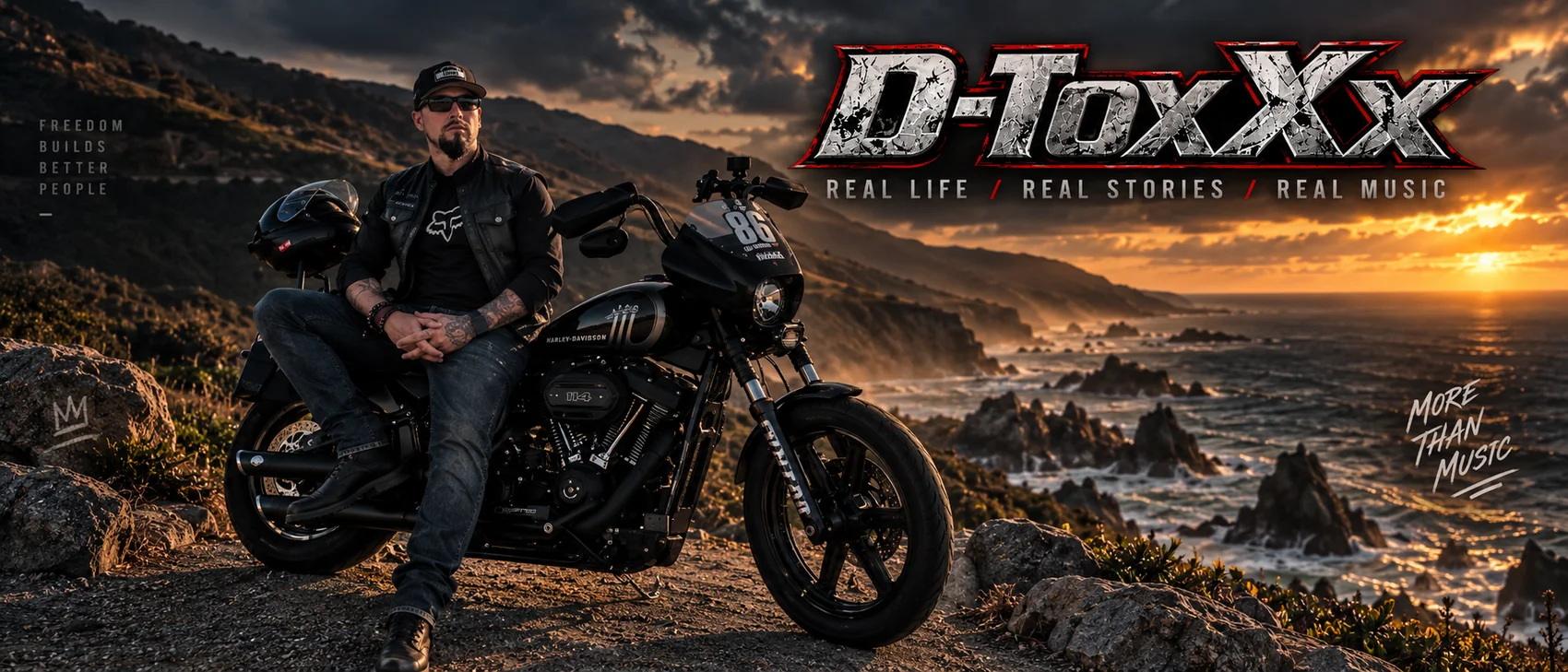 Archived D-ToxXx promotional artwork of adult motorcyclist alongside a motorcycle at a California coastal overlook