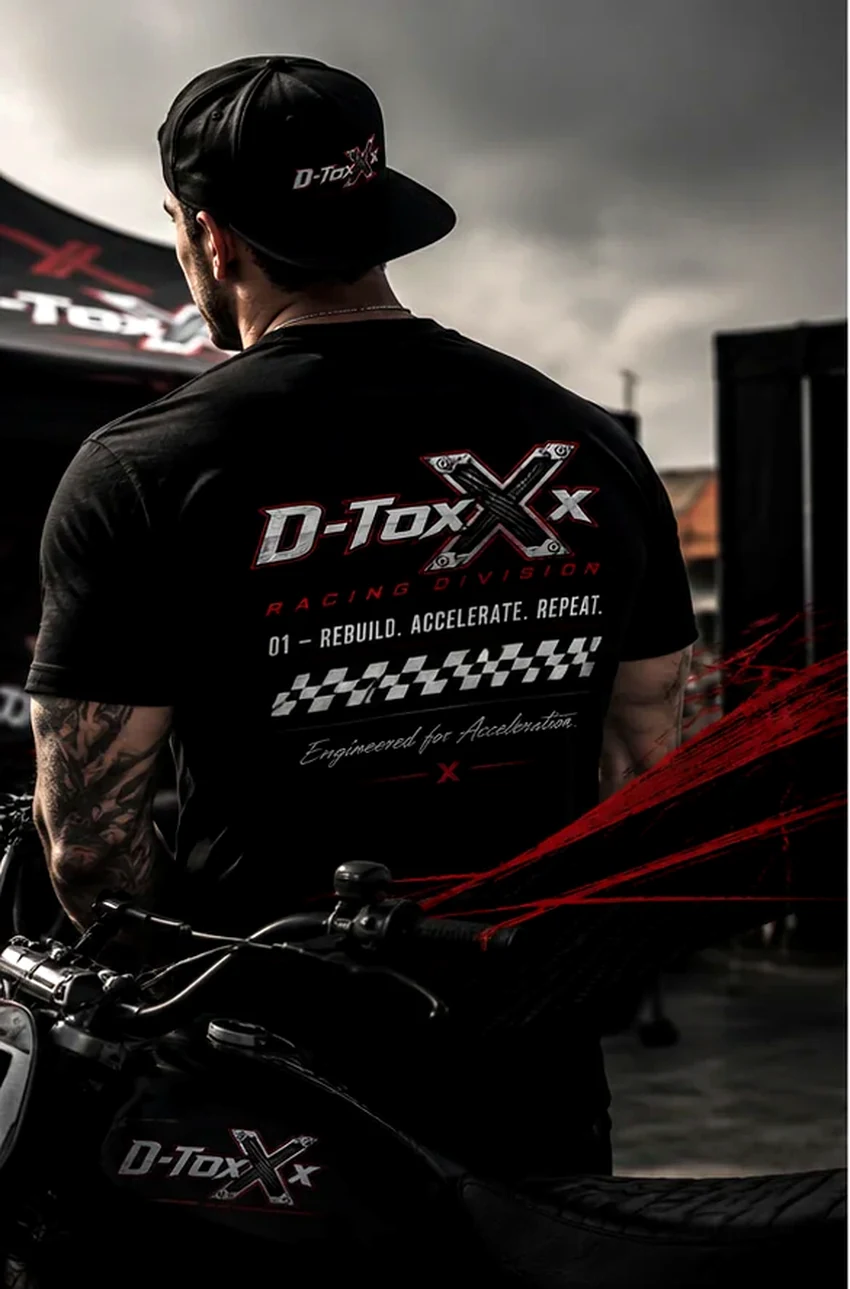 D-ToxXx archived adult campaign artwork showing the Racing Division tee worn in a motorsports setting