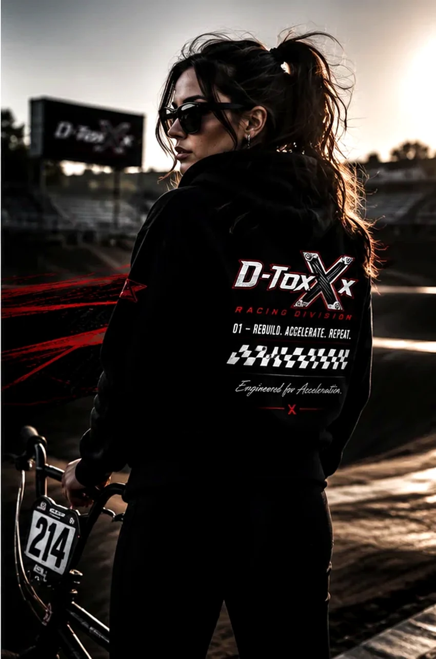Adult woman in D-ToxXx Racing Division motorsports campaign artwork