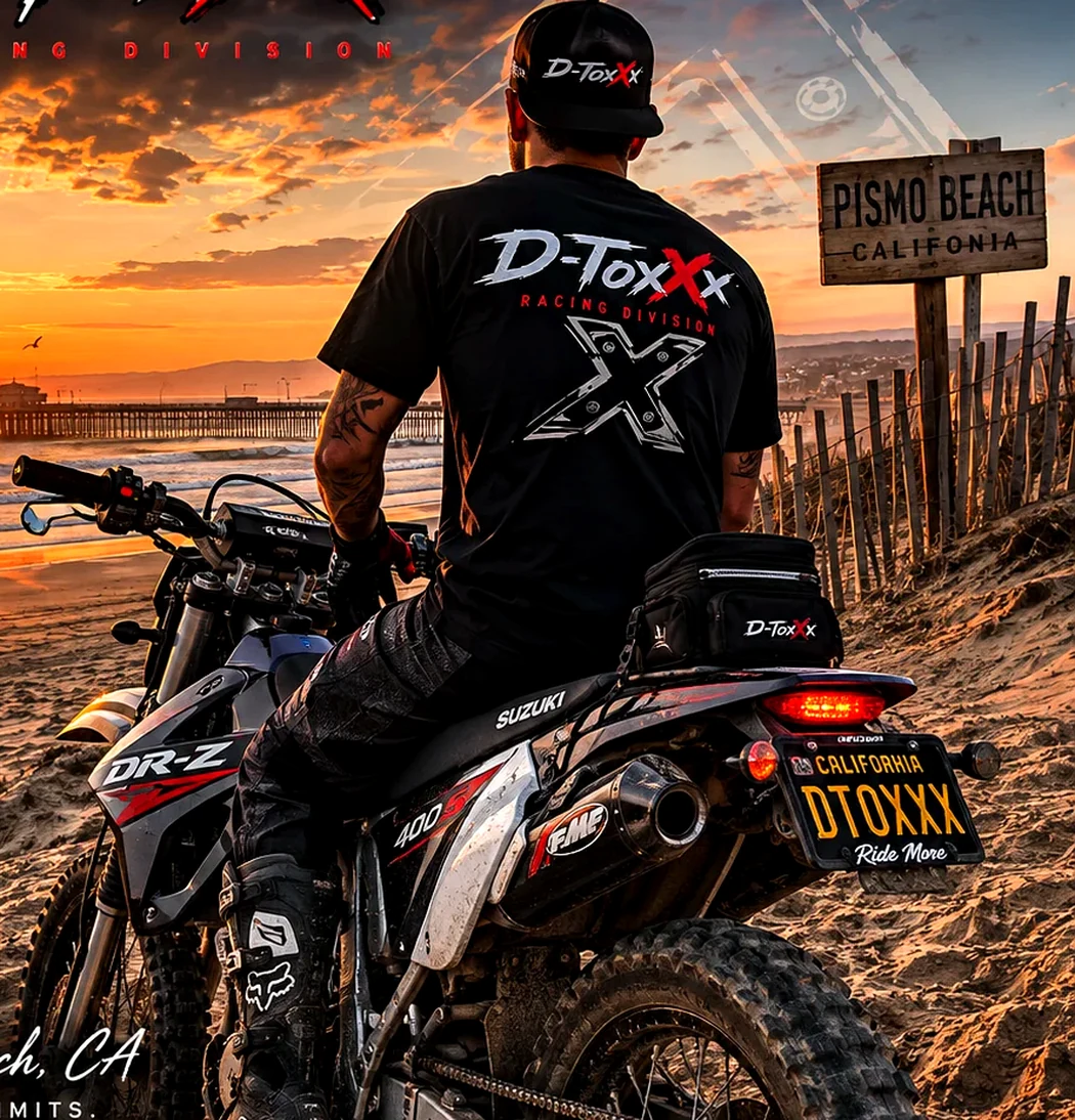 D-ToxXx archived campaign art of an adult motorcyclist, seen from behind