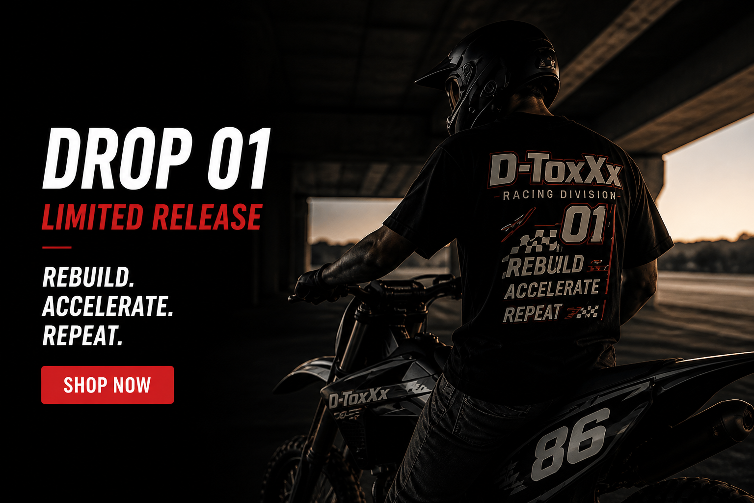 Person on a motorcycle with 'D-ToxXX' branding and promotional text.